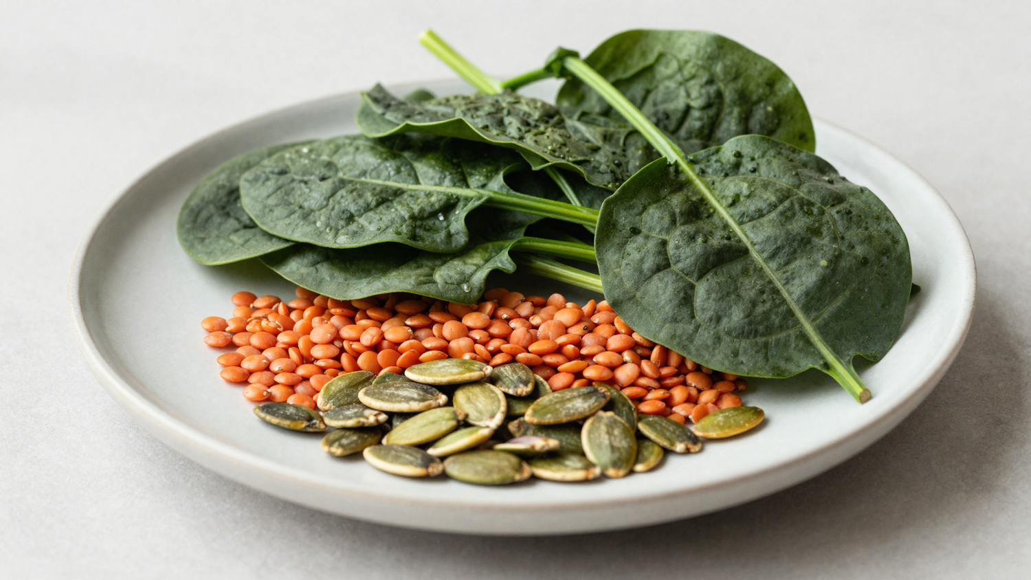 Iron-rich spinach, red lentils and pumpkin seeds on a plate
